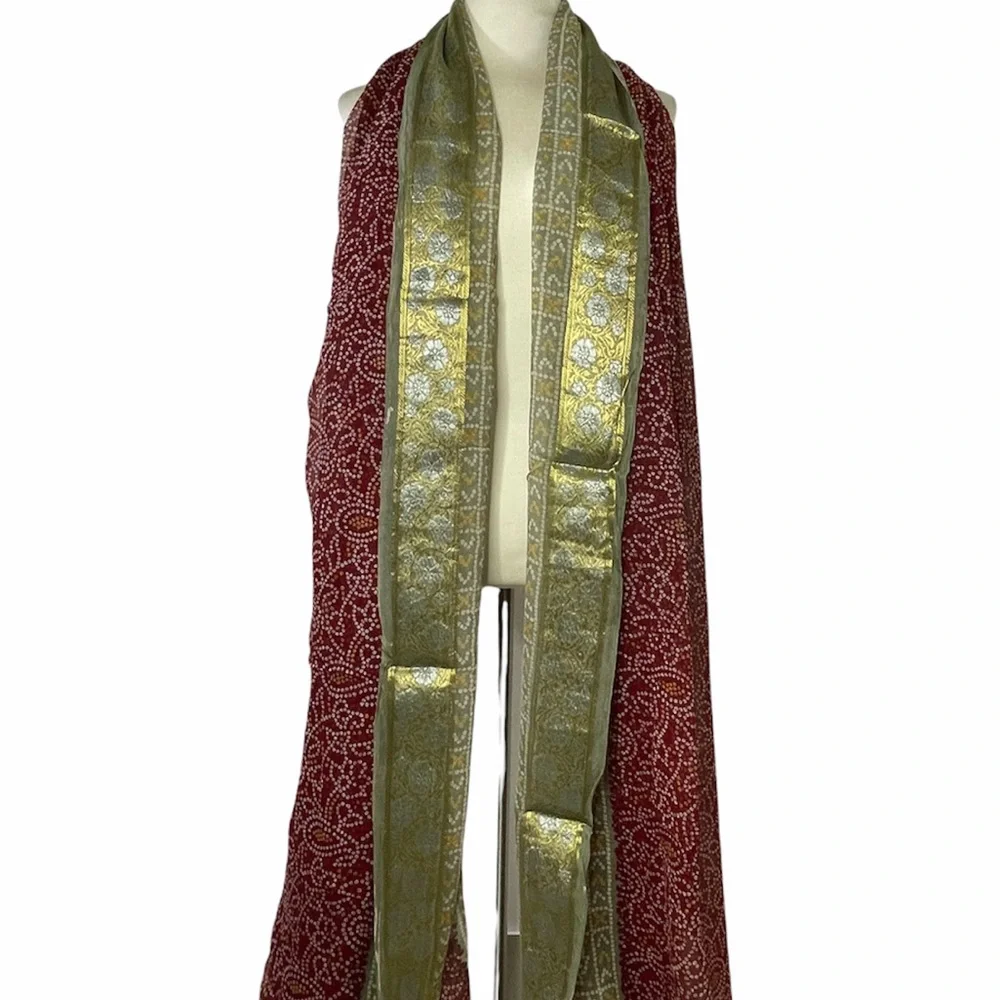 Vintage Scarf Luxury Floral Body Wrap Ornate Gold Paisley Filigree Burgundy Red